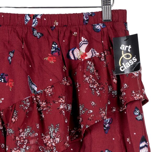 Art Class Ruffle Skirt XL 14 16 Girls New Maroon Floral Butterfly Asymmetrical - Picture 3 of 7